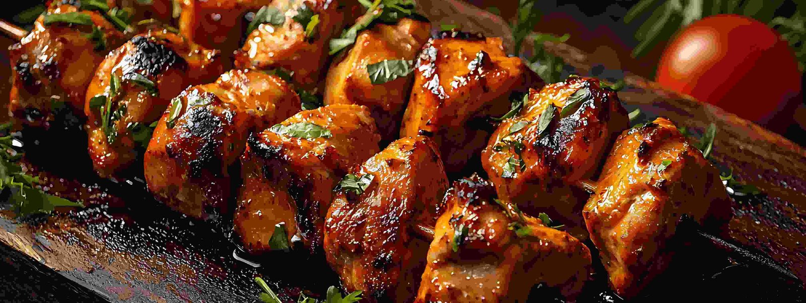 A wooden serving board featuring juicy, charcoal-grilled chicken tikka kebabs garnished with chopped herbs and fresh tomatoes.