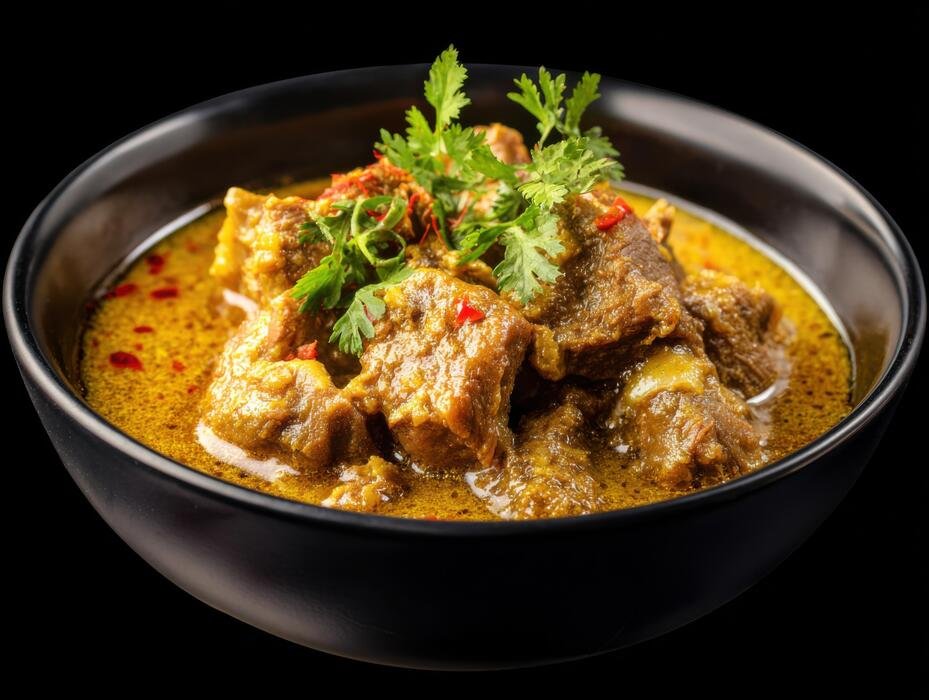 A bowl of rich and aromatic lamb korma curry cooked in a thick spiced gravy and garnished with fresh cilantro.