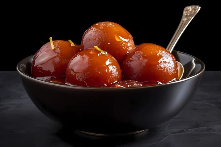 A dark ceramic bowl filled with sweet and syrupy Indian dessert gulab-jamun garnished with lemon zest and a spoon.